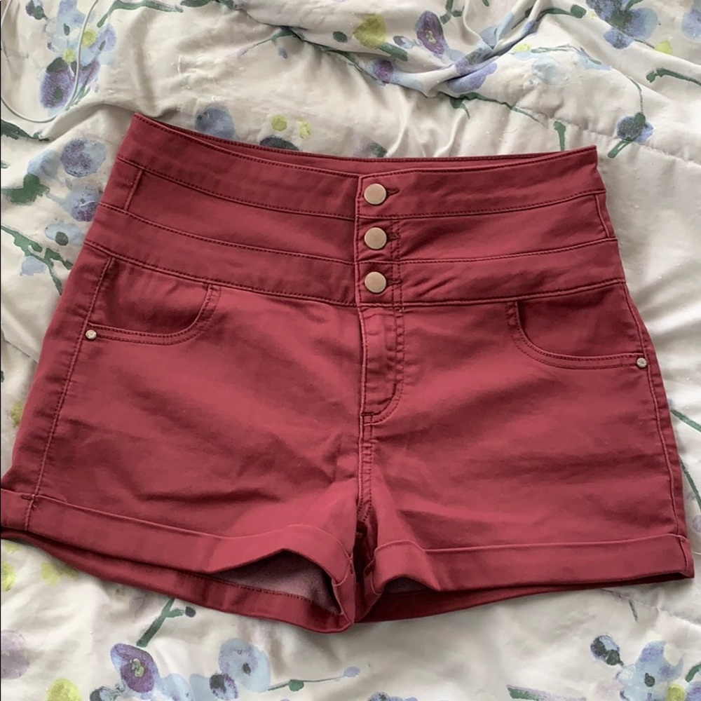 red high-waisted shorts